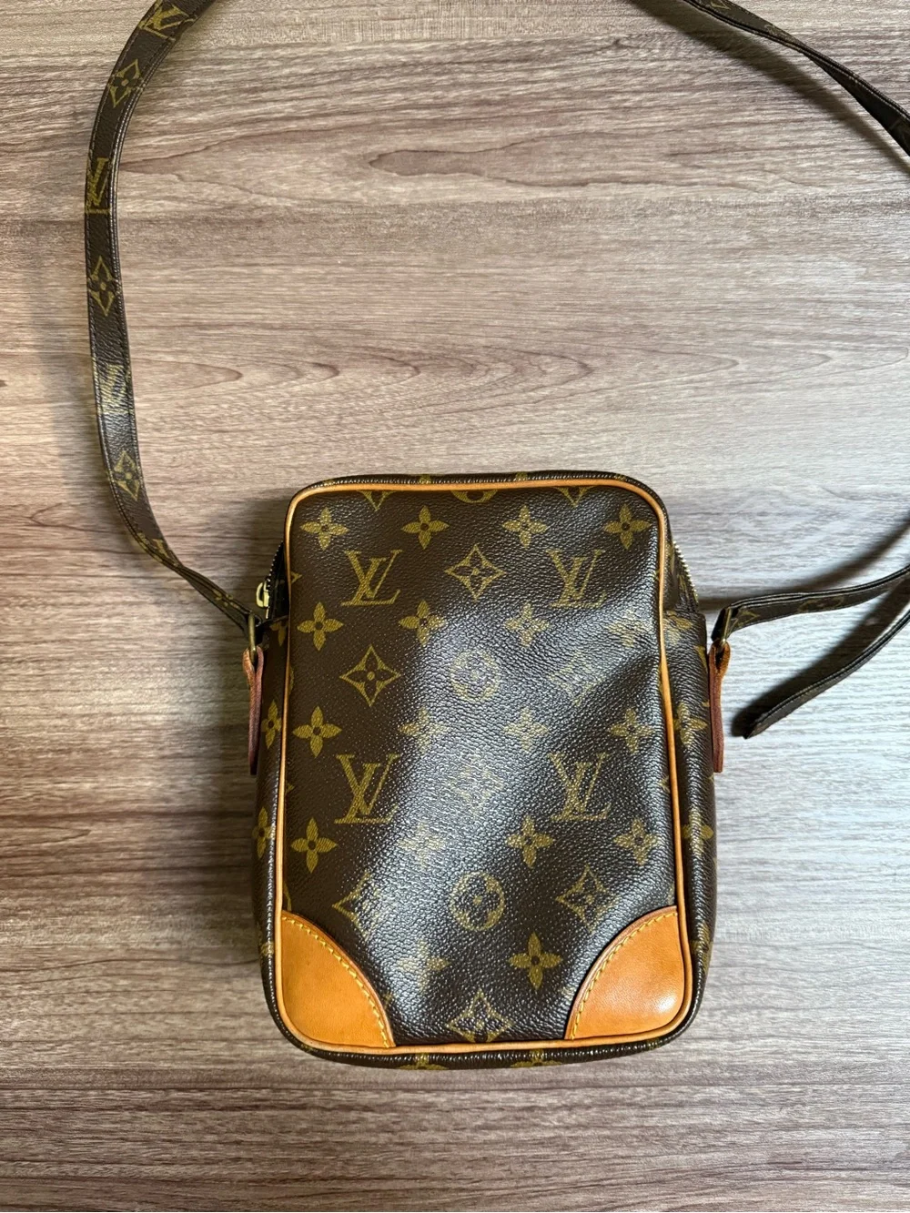 Louis Vuitton Brown Monogram Canvas Crossbody Bag with Tan Trim and Beige Strap